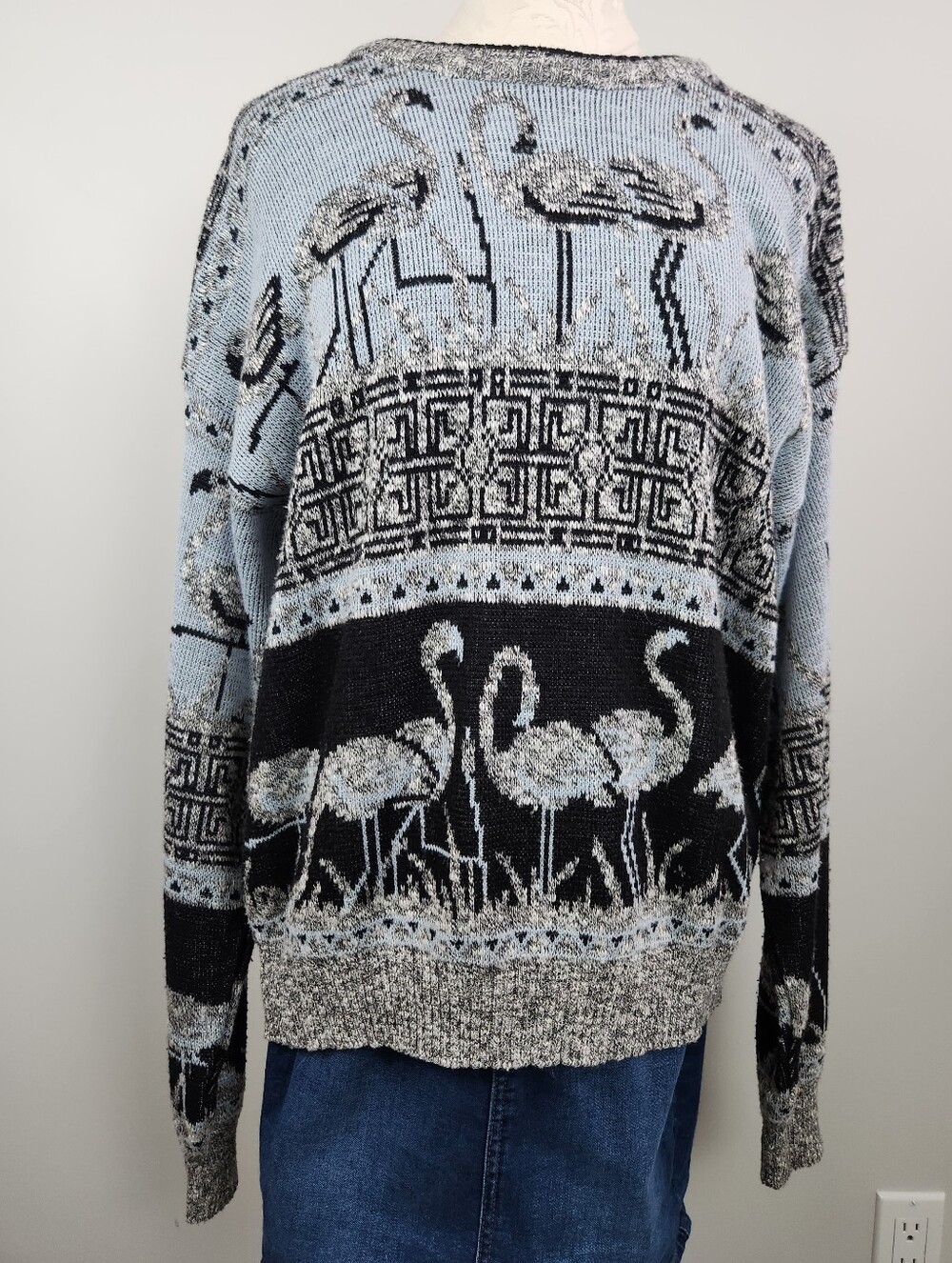 VTG Flamingo Knit All Over Print Size XL Dadcore Grandpa Oversized Sweater Retro